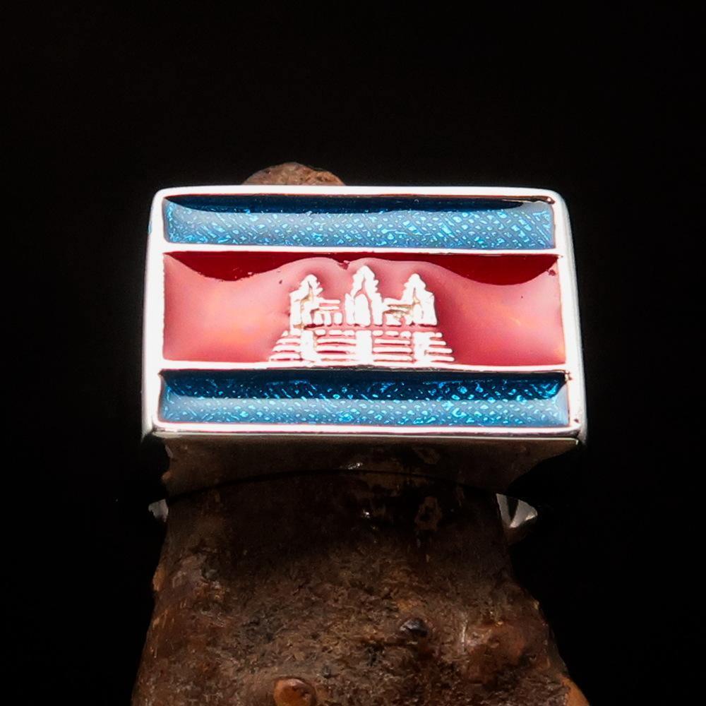 Perfectly crafted Men's rectangle Flag Ring Cambodia - Sterling Silver - BikeRing4u