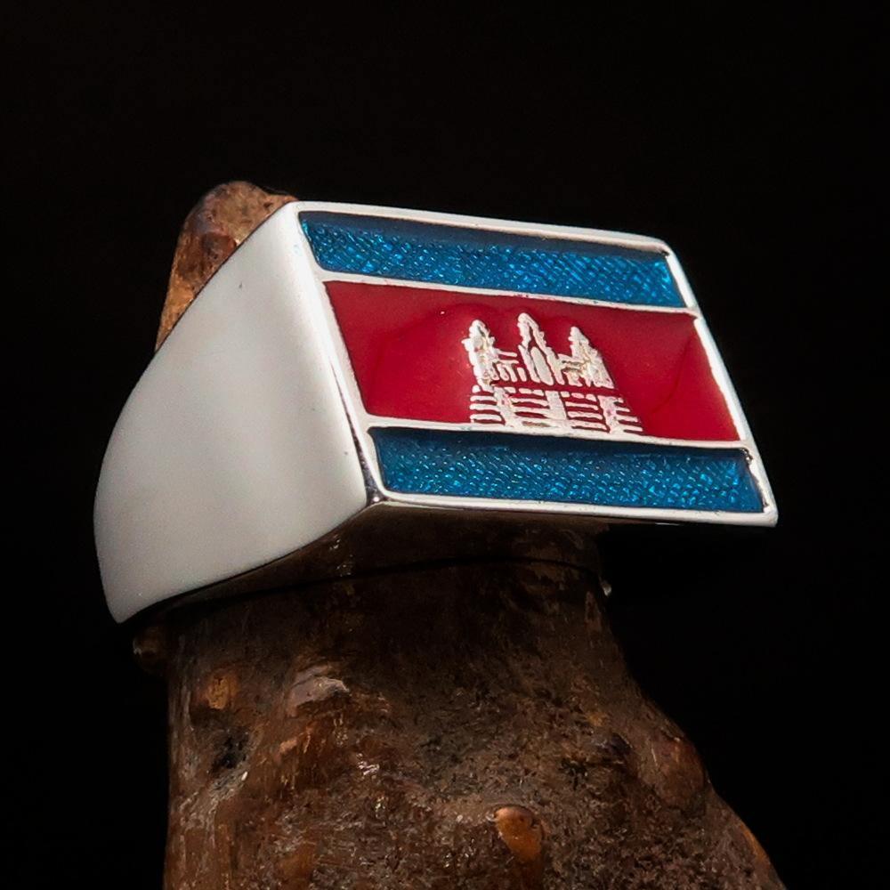 Perfectly crafted Men's rectangle Flag Ring Cambodia - Sterling Silver - BikeRing4u