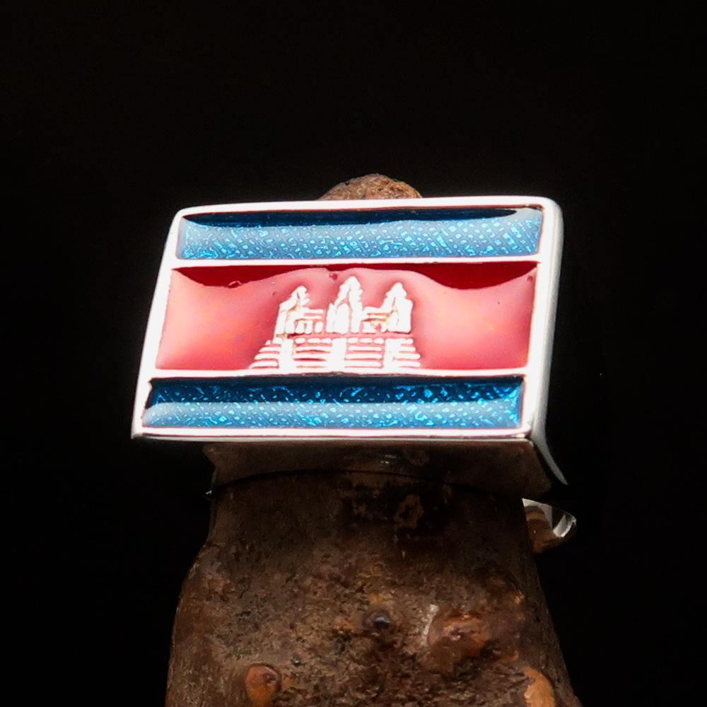 Perfectly crafted Men's rectangle Flag Ring Cambodia - Sterling Silver - BikeRing4u