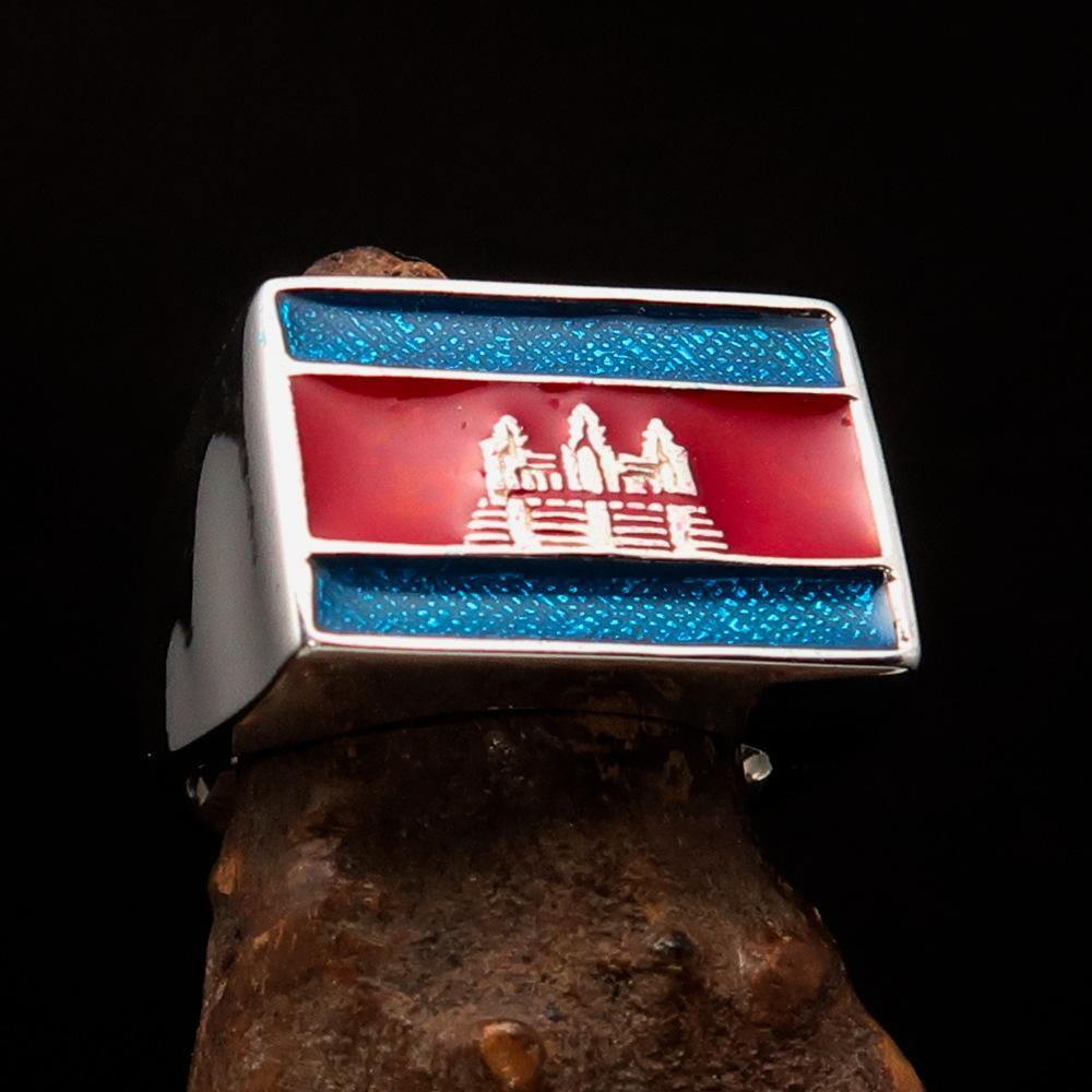 Perfectly crafted Men's rectangle Flag Ring Cambodia - Sterling Silver - BikeRing4u