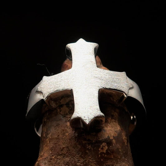 Excellent crafted minimalistic two tone Coptic Cross Ring - matte Sterling Silver - BikeRing4u