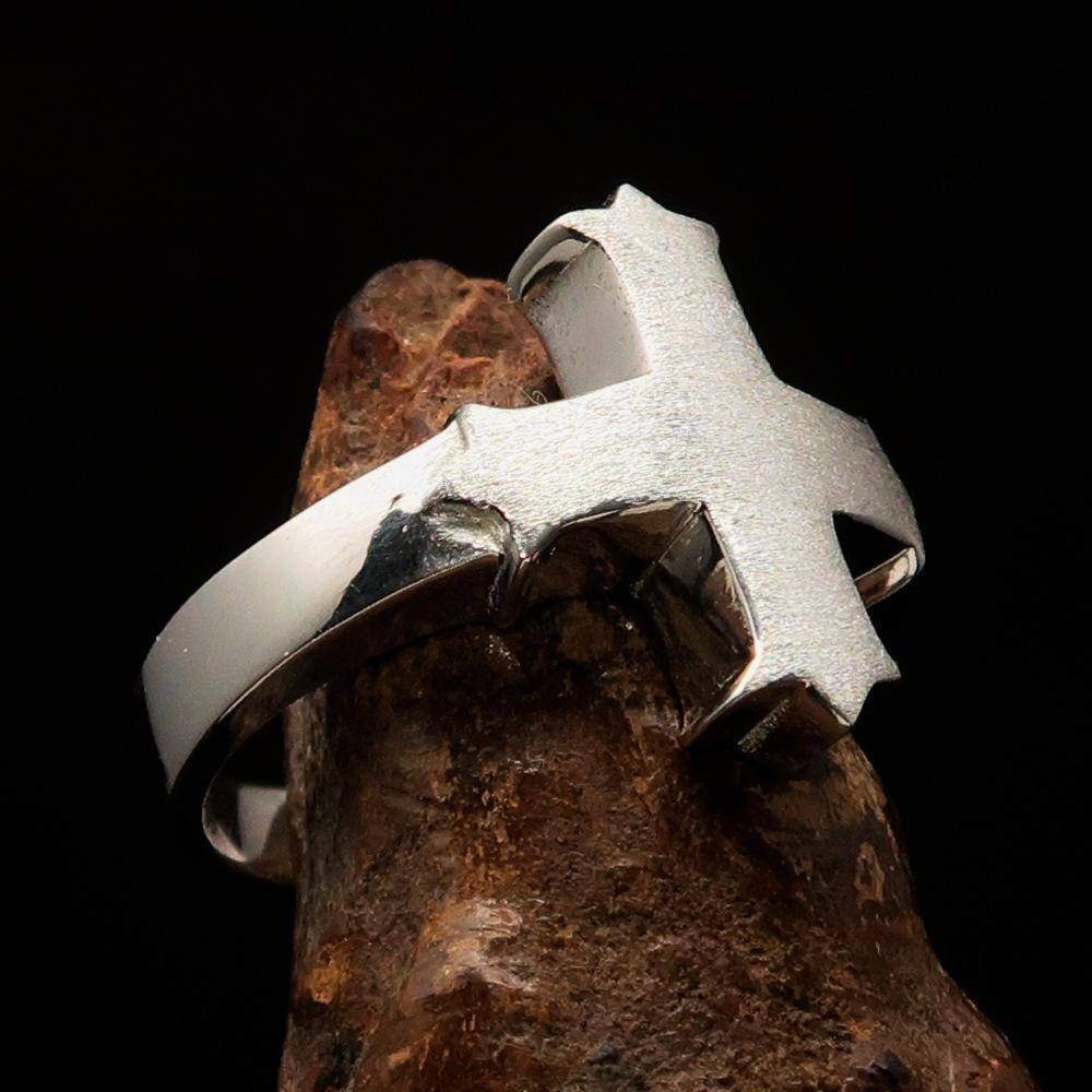 Excellent crafted minimalistic two tone Coptic Cross Ring - matte Sterling Silver - BikeRing4u