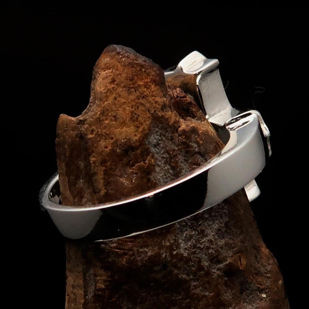 Excellent crafted minimalistic two tone Coptic Cross Ring - matte Sterling Silver - BikeRing4u