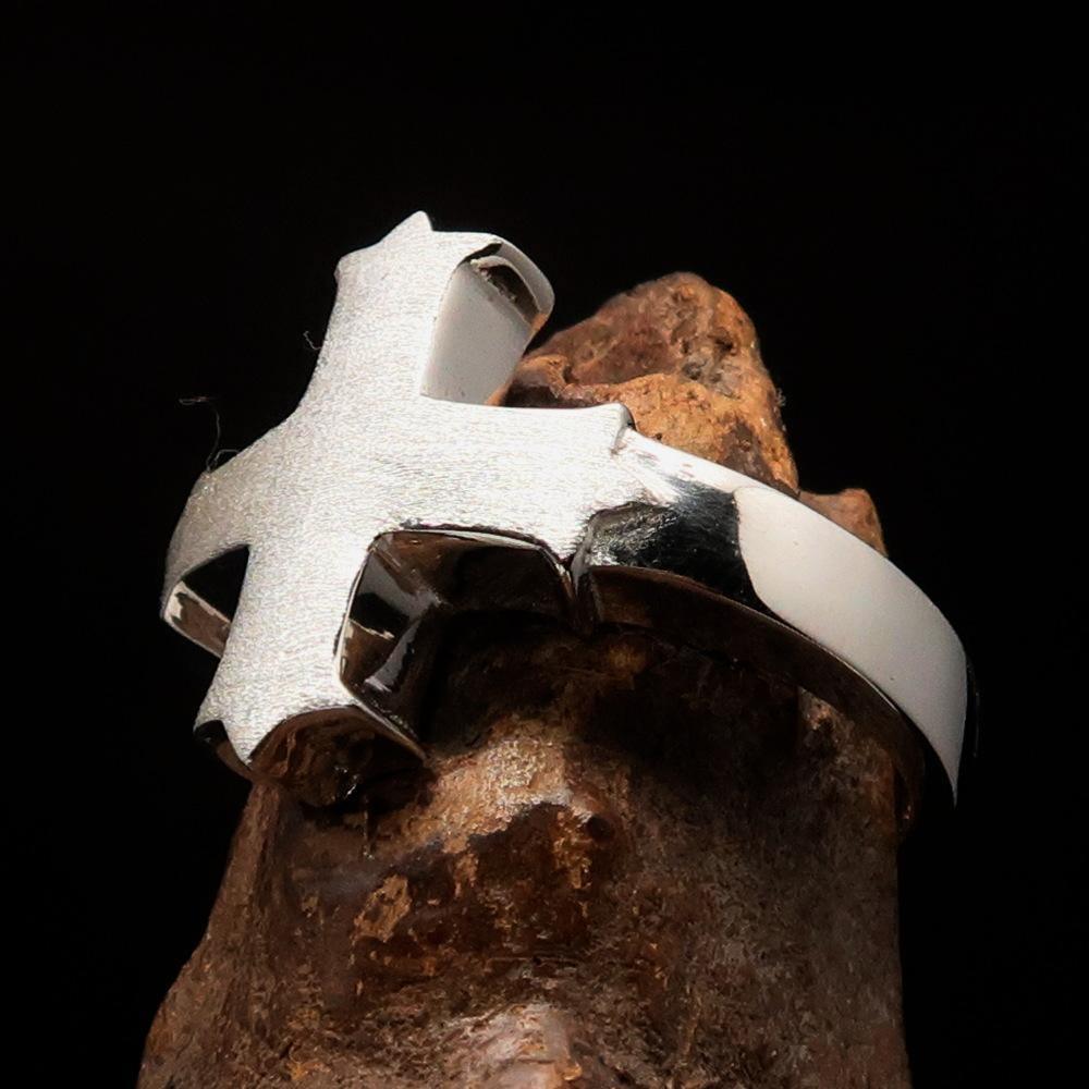 Excellent crafted minimalistic two tone Coptic Cross Ring - matte Sterling Silver - BikeRing4u