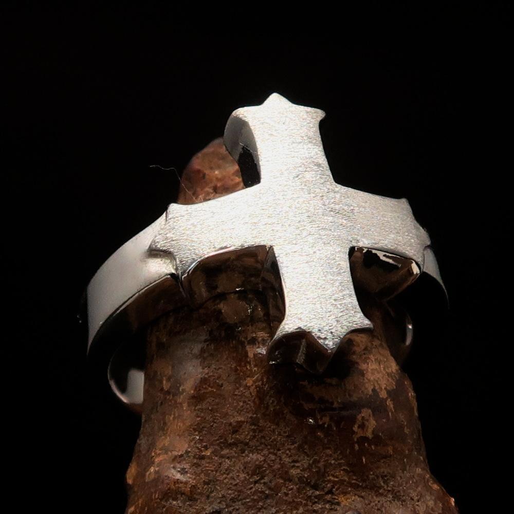 Excellent crafted minimalistic two tone Coptic Cross Ring - matte Sterling Silver - BikeRing4u