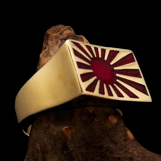 Perfectly crafted Men's Japanese War Flag Ring Red Raising Sun - Solid Brass - BikeRing4u