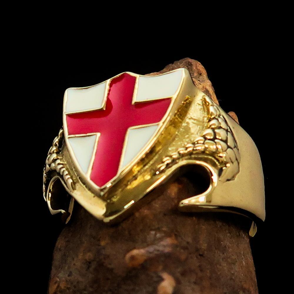 Men's Brass Shield Ring Flag of England Red Cross on White - BikeRing4u