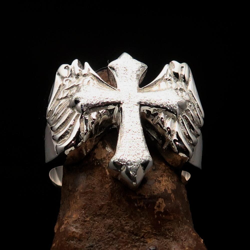 Excellent crafted two tone Men's flying winged Cross Ring - Sterling Silver - BikeRing4u