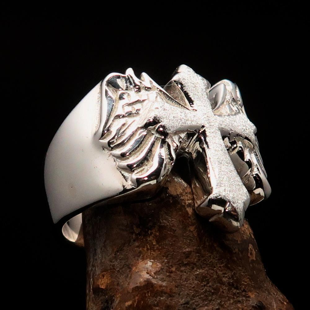 Excellent crafted two tone Men's flying winged Cross Ring - Sterling Silver - BikeRing4u