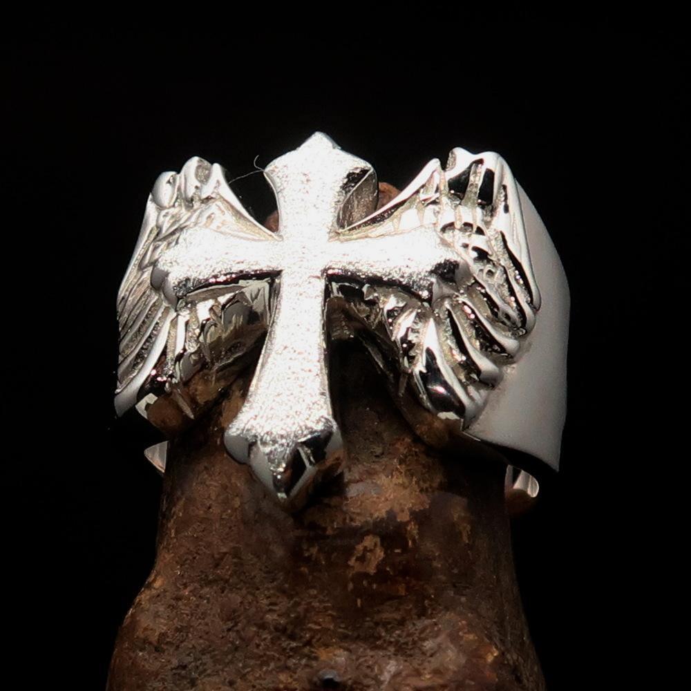 Excellent crafted two tone Men's flying winged Cross Ring - Sterling Silver - BikeRing4u