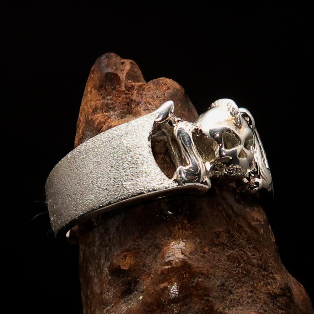 Excellent crafted Pony Tail Girly Skull Ring - matte Sterling Silver - BikeRing4u
