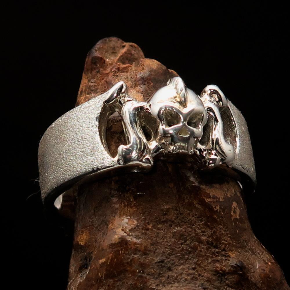 Excellent crafted Pony Tail Girly Skull Ring - matte Sterling Silver - BikeRing4u