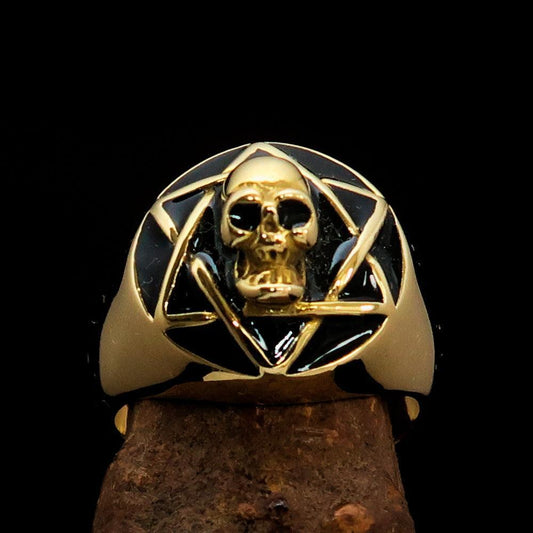 Excellent crafted domed Men's black Hexagram Skull Ring - solid Brass - BikeRing4u