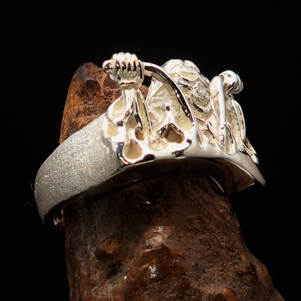 Men's Outlaw Ring Biker on Chopper - matte finished Sterling Silver - BikeRing4u