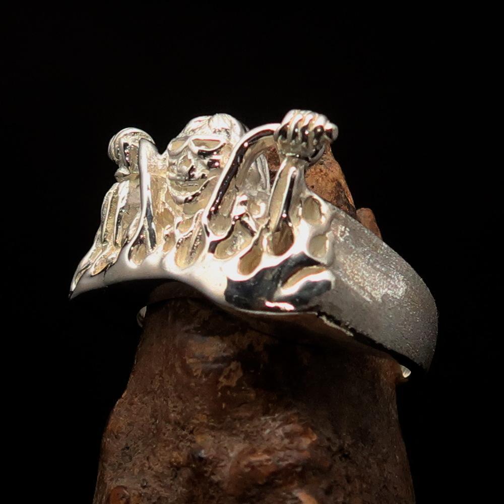 Men's Outlaw Ring Biker on Chopper - matte finished Sterling Silver - BikeRing4u