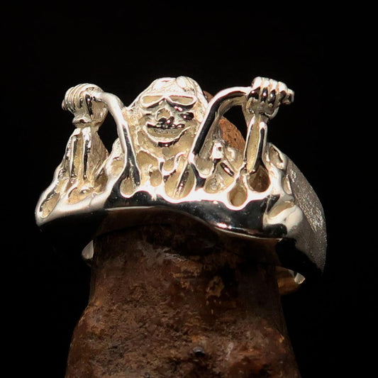 Men's Outlaw Ring Biker on Chopper - matte finished Sterling Silver - BikeRing4u