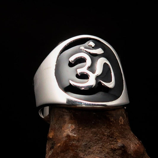 Excellent crafted Men's black Aum Buddhist Ring - Sterling Silver - BikeRing4u
