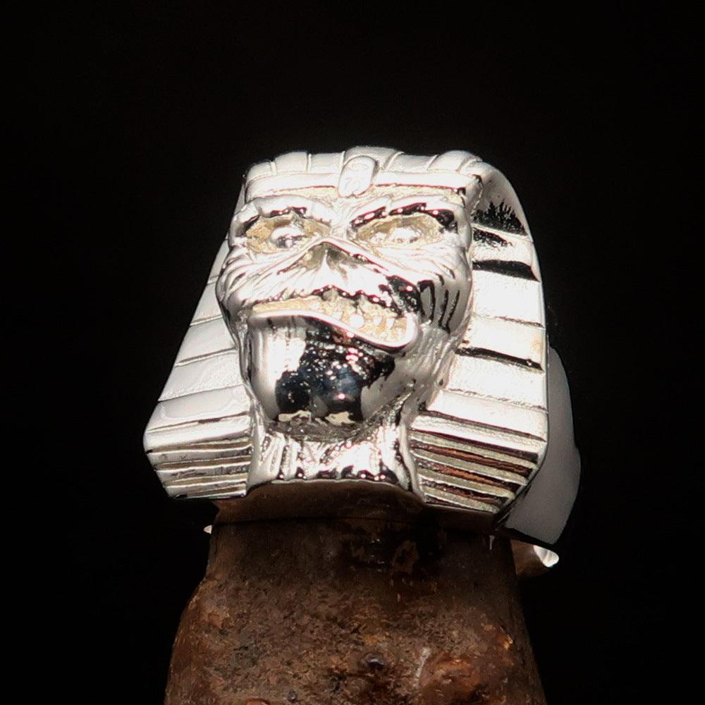 Perfectly crafted Men's Egyptian Pharaoh Sphinx Mummy Ring - shiny Sterling Silver - BikeRing4u