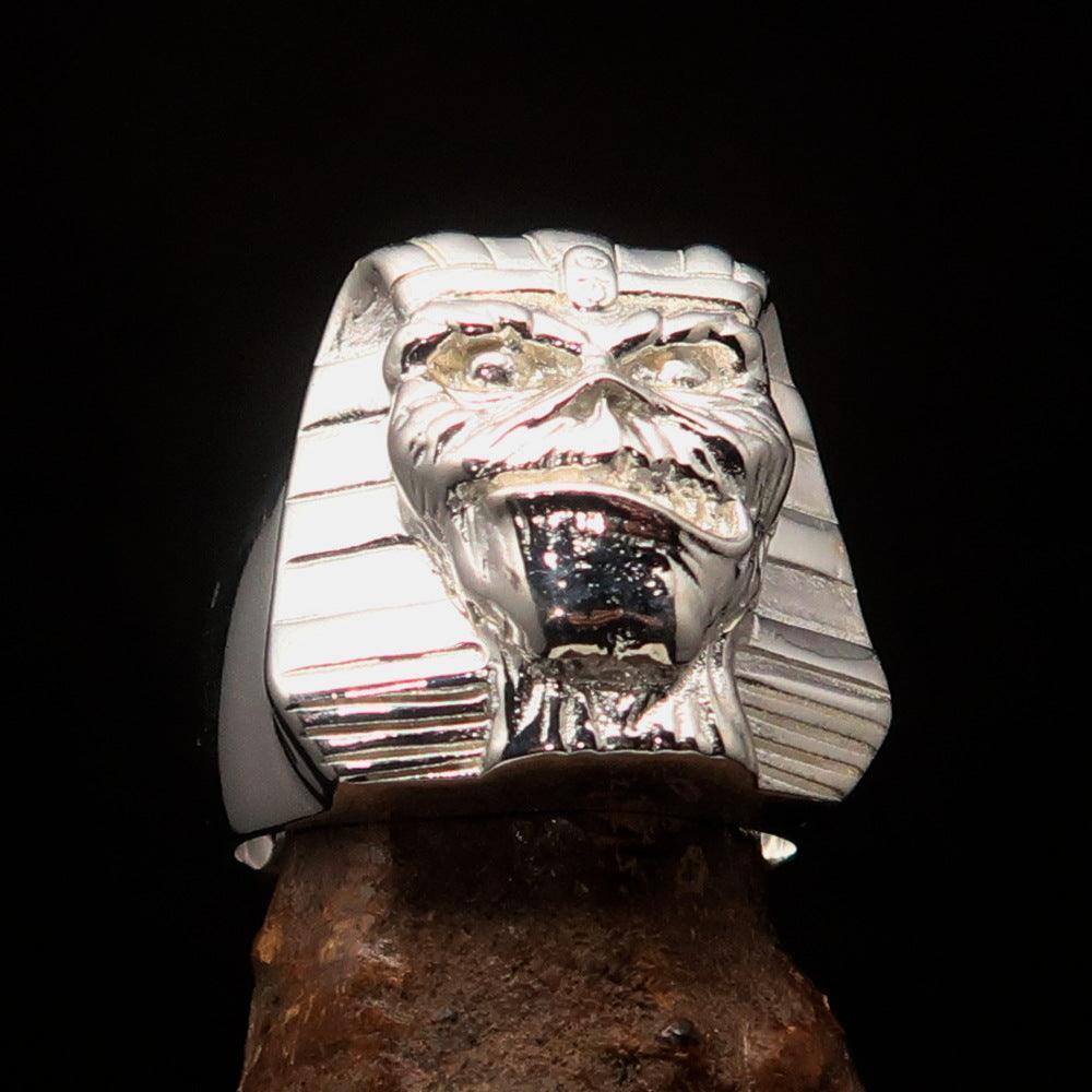 Perfectly crafted Men's Egyptian Pharaoh Sphinx Mummy Ring - shiny Sterling Silver - BikeRing4u