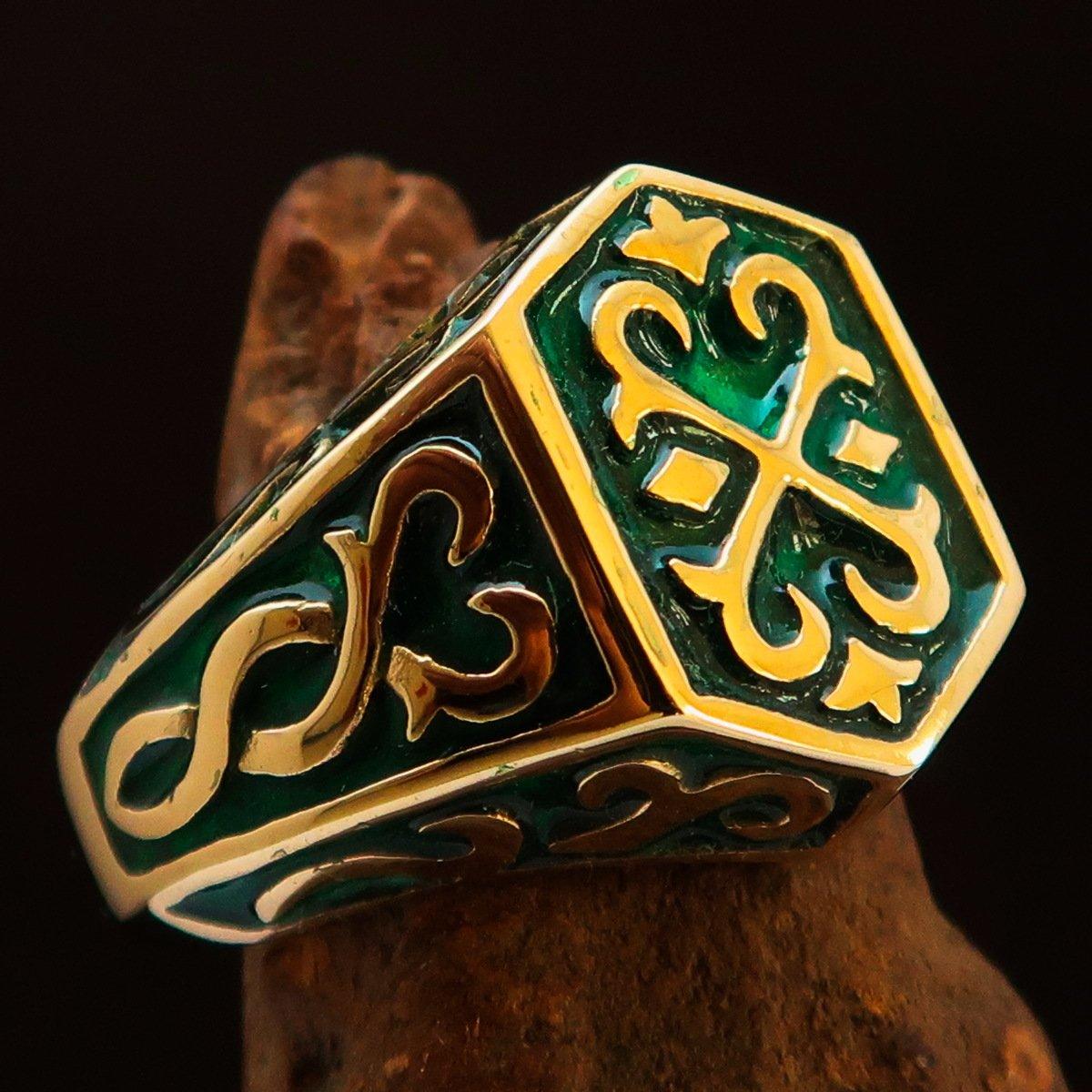 Excellent crafted Men's Celtic Crest Ring Green Enamel - Brass - BikeRing4u