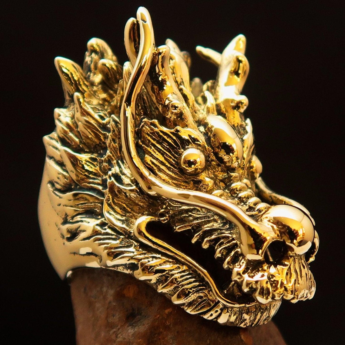 Excellent crafted Men's Animal Ring Big Dragon Head Antiqued - Brass - BikeRing4u