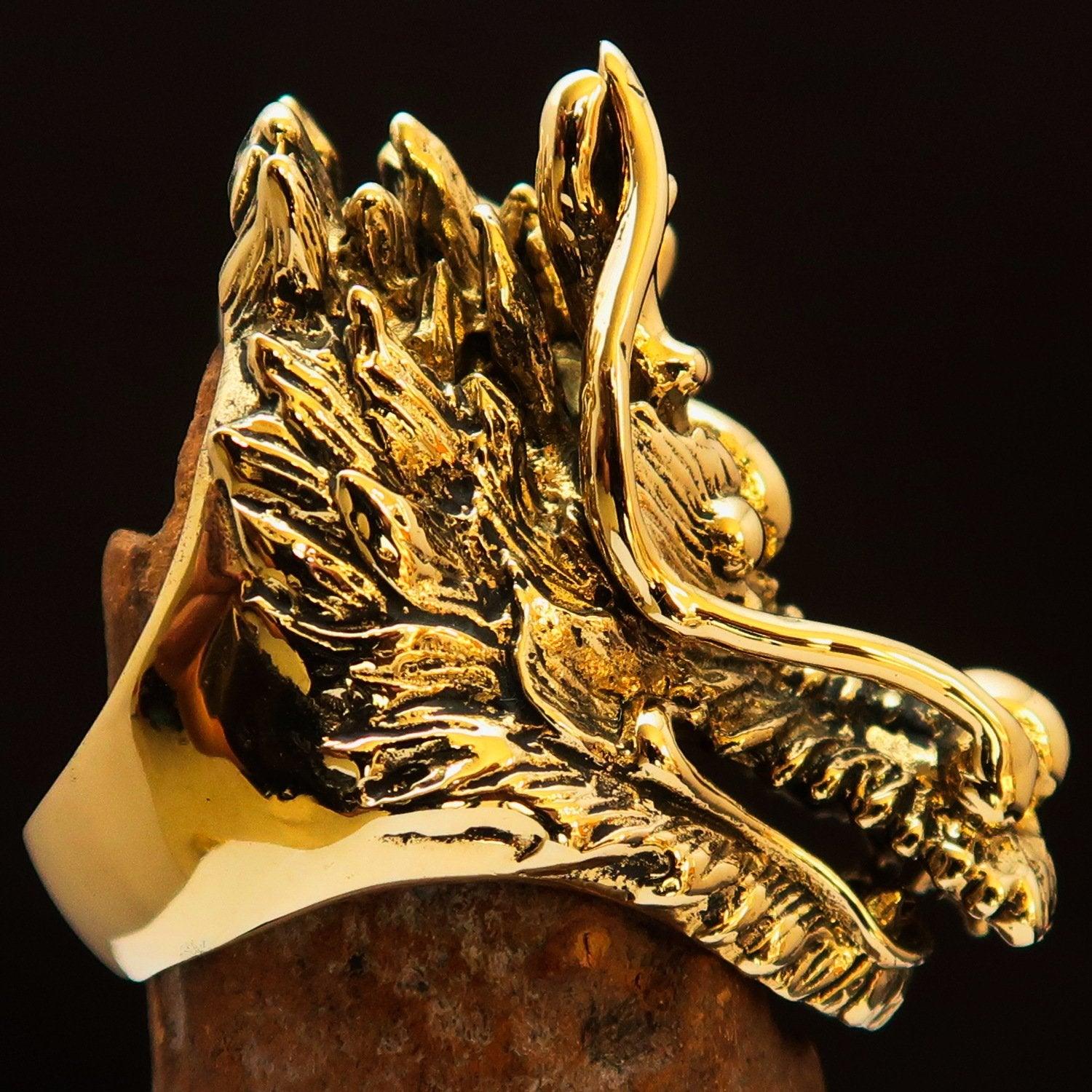 Excellent crafted Men's Animal Ring Big Dragon Head Antiqued - Brass - BikeRing4u