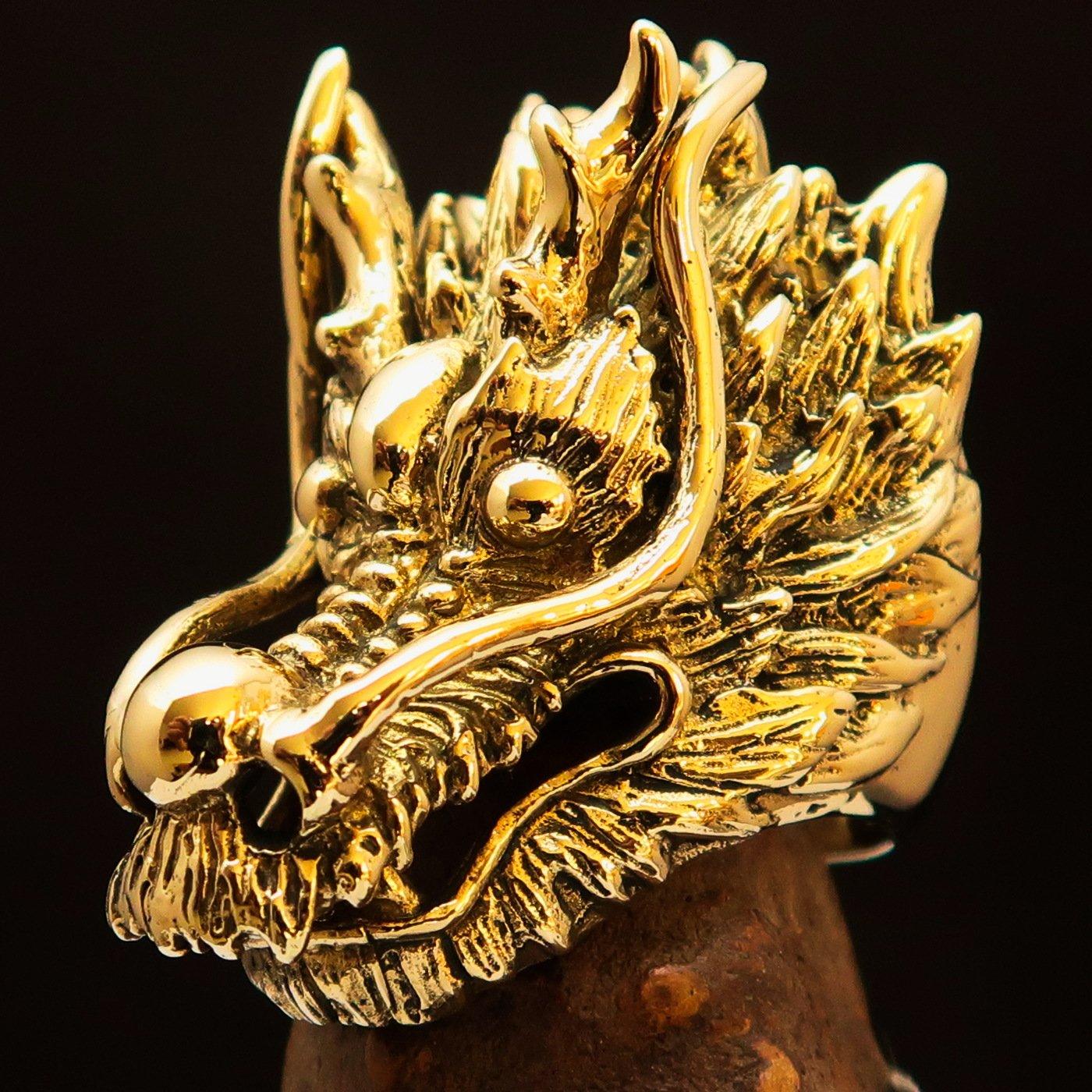 Excellent crafted Men's Animal Ring Big Dragon Head Antiqued - Brass - BikeRing4u