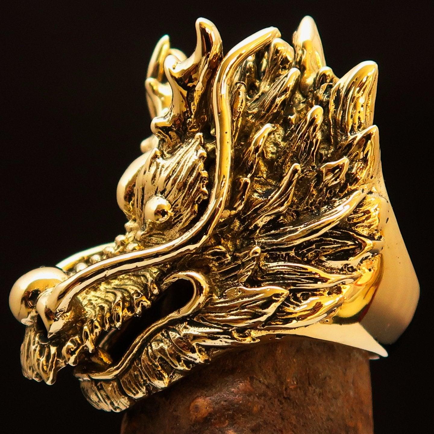 Excellent crafted Men's Animal Ring Big Dragon Head Antiqued - Brass - BikeRing4u