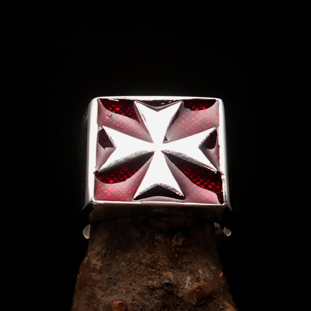 Perfectly crafted Men's Biker Ring Maltese Cross Red - Sterling Silver - BikeRing4u