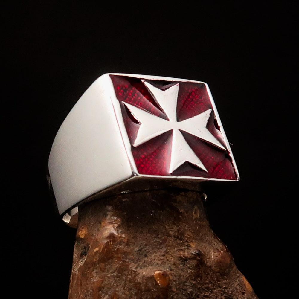 Perfectly crafted Men's Biker Ring Maltese Cross Red - Sterling Silver - BikeRing4u