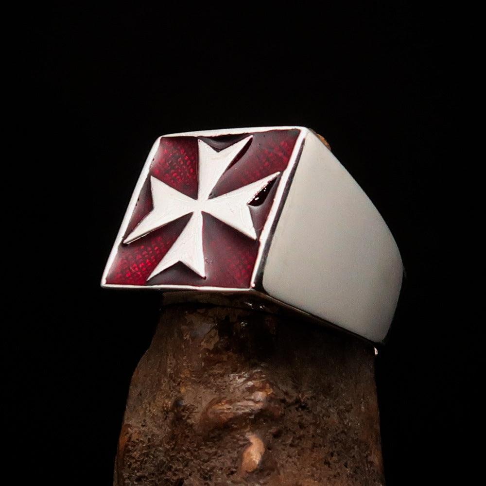 Perfectly crafted Men's Biker Ring Maltese Cross Red - Sterling Silver - BikeRing4u