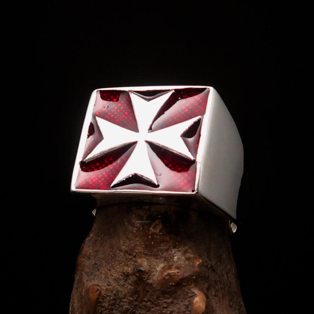 Perfectly crafted Men's Biker Ring Maltese Cross Red - Sterling Silver - BikeRing4u