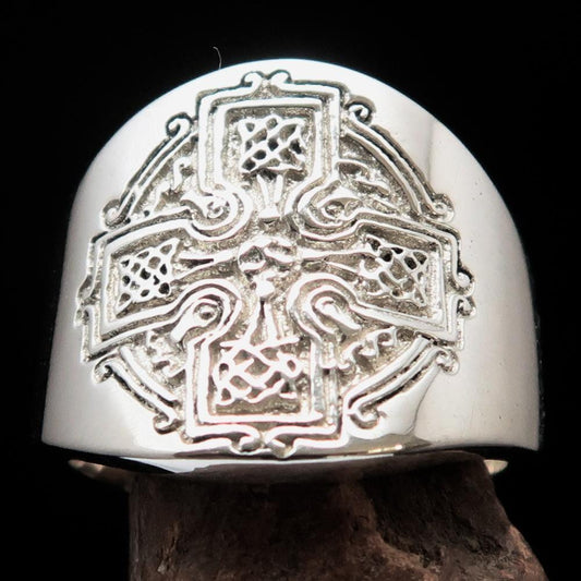 Excellent crafted mirror polished Men's ancient Celtic Runes Cross Ring - Sterling Silver - BikeRing4u
