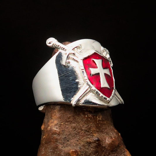 Crossed Swords Men's red Knights Templar Cross Ring - Sterling Silver - BikeRing4u