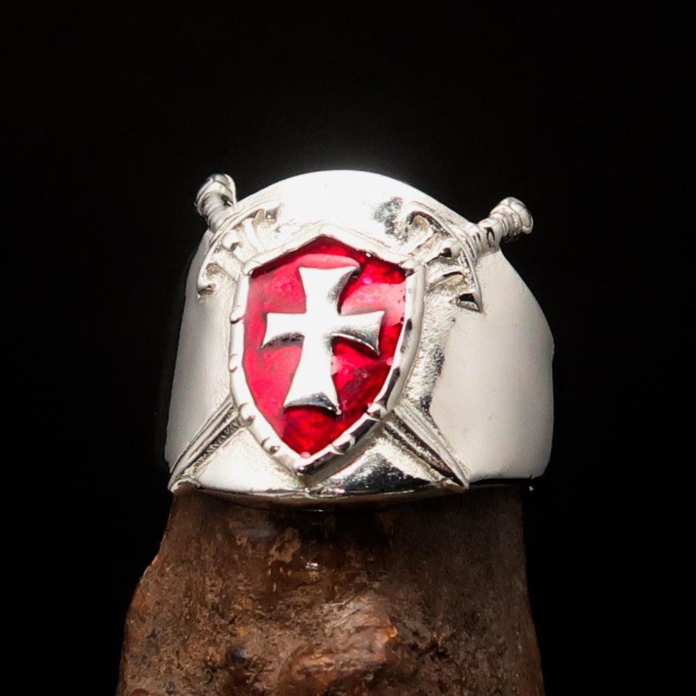 Crossed Swords Men's red Knights Templar Cross Ring - Sterling Silver - BikeRing4u