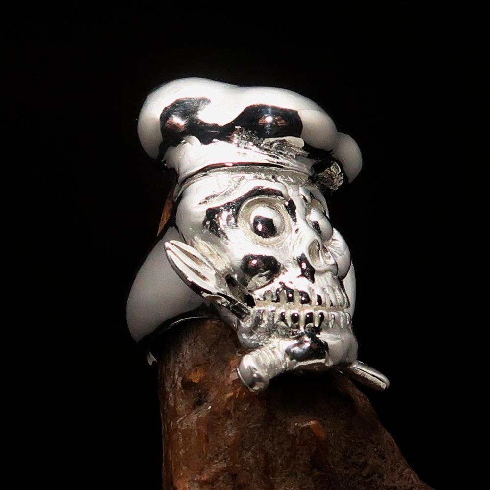 Excellent crafted shiny Men's Chef Skull Ring Knife and Fork - Sterling Silver - BikeRing4u