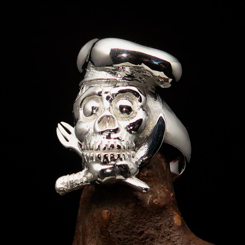 Excellent crafted shiny Men's Chef Skull Ring Knife and Fork - Sterling Silver - BikeRing4u