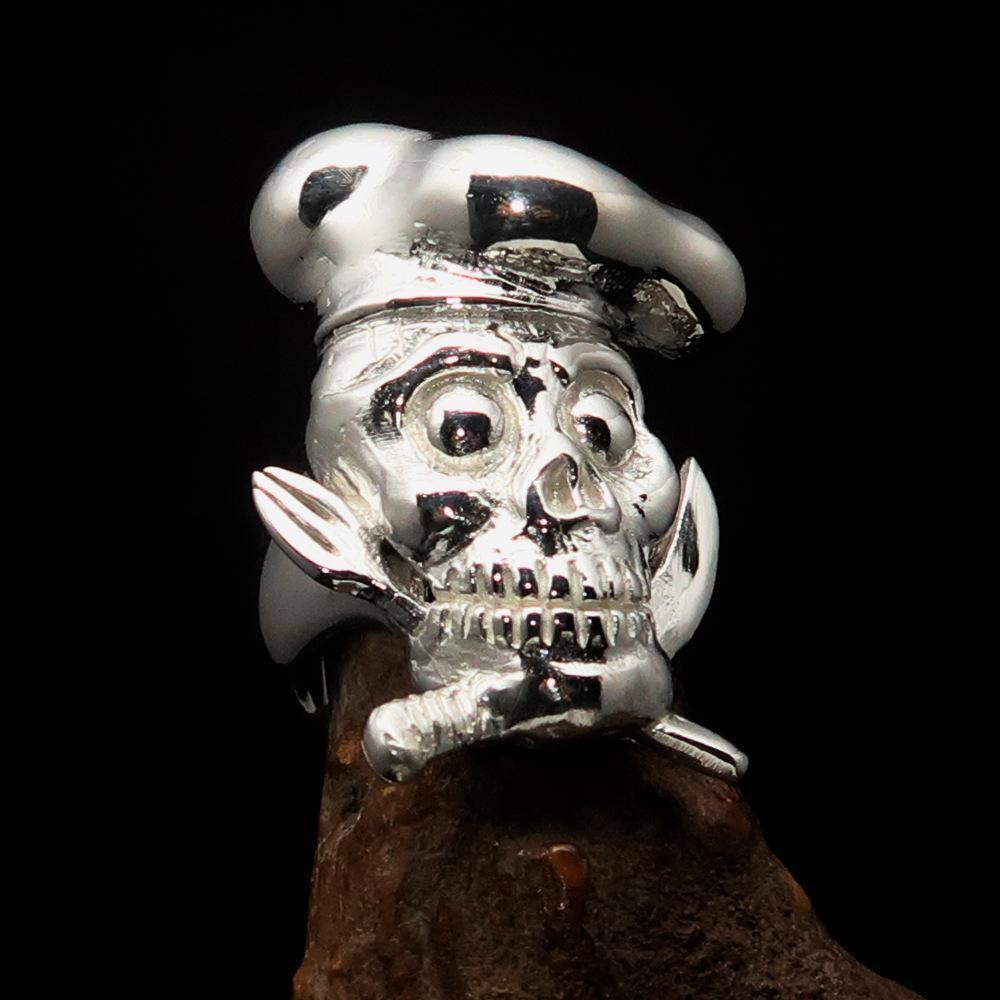 Excellent crafted shiny Men's Chef Skull Ring Knife and Fork - Sterling Silver - BikeRing4u