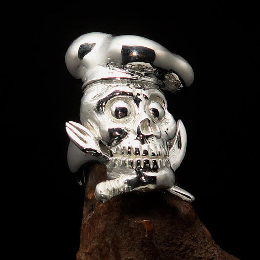 Excellent crafted shiny Men's Chef Skull Ring Knife and Fork - Sterling Silver - BikeRing4u