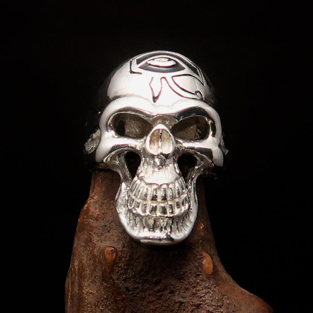 Excellent crafted Men's Skull Ring Black Eye of Ra - Sterling Silver - BikeRing4u
