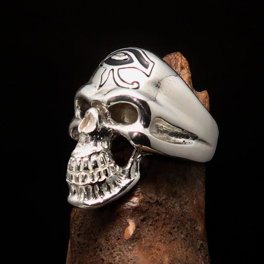 Excellent crafted Men's Skull Ring Black Eye of Ra - Sterling Silver - BikeRing4u