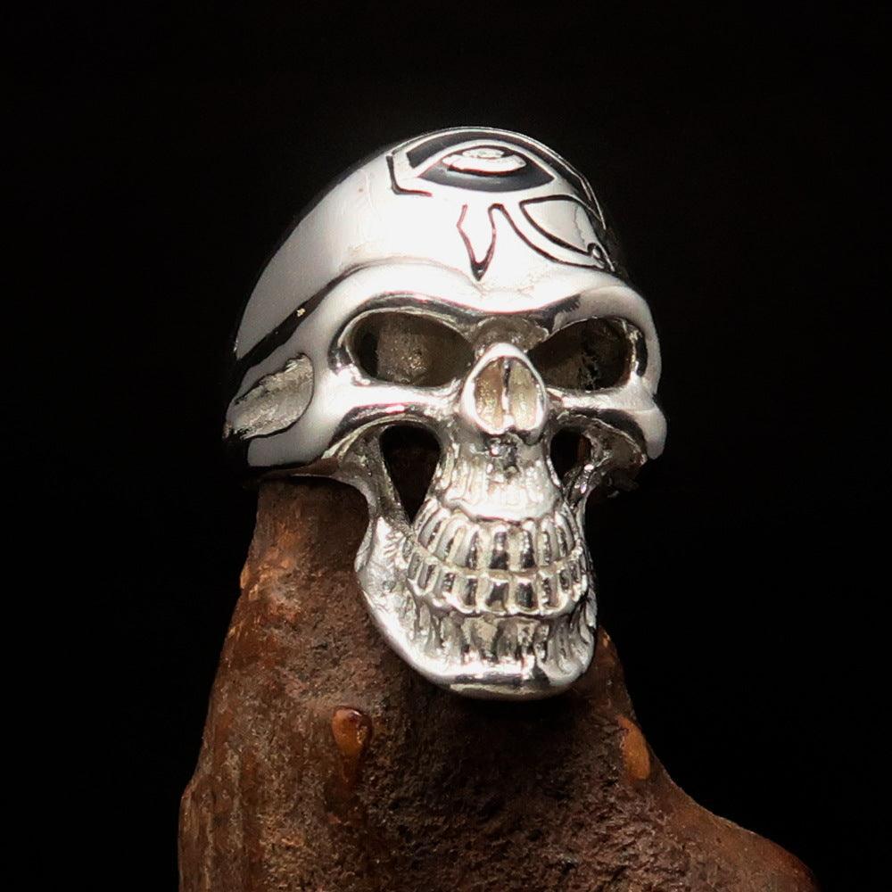 Excellent crafted Men's Skull Ring Black Eye of Ra - Sterling Silver - BikeRing4u