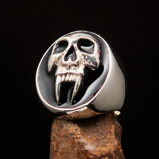 Excellent crafted oval Men's Black Vampire Skull Ring - Sterling Silver - BikeRing4u