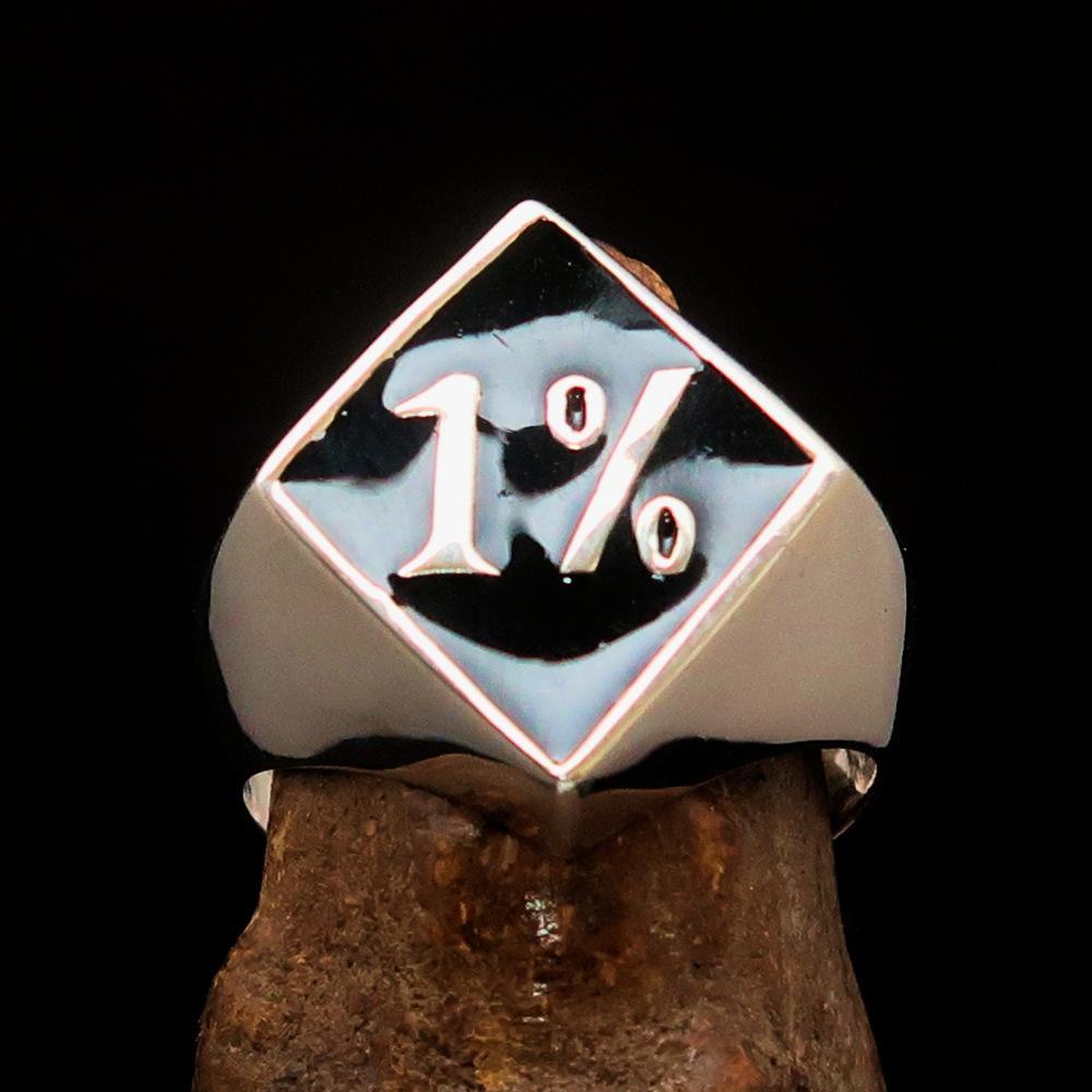Men's Sterling Silver Biker Ring Diamond shaped 1% Percent Outlaw Symbol Black - BikeRing4u