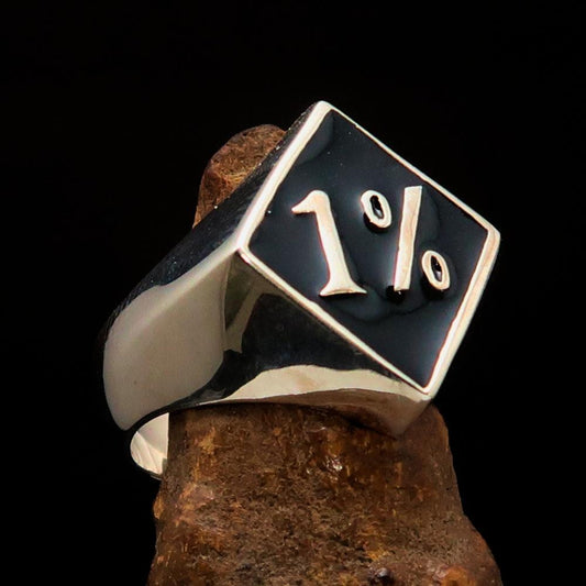 Men's Sterling Silver Biker Ring Diamond shaped 1% Percent Outlaw Symbol Black - BikeRing4u