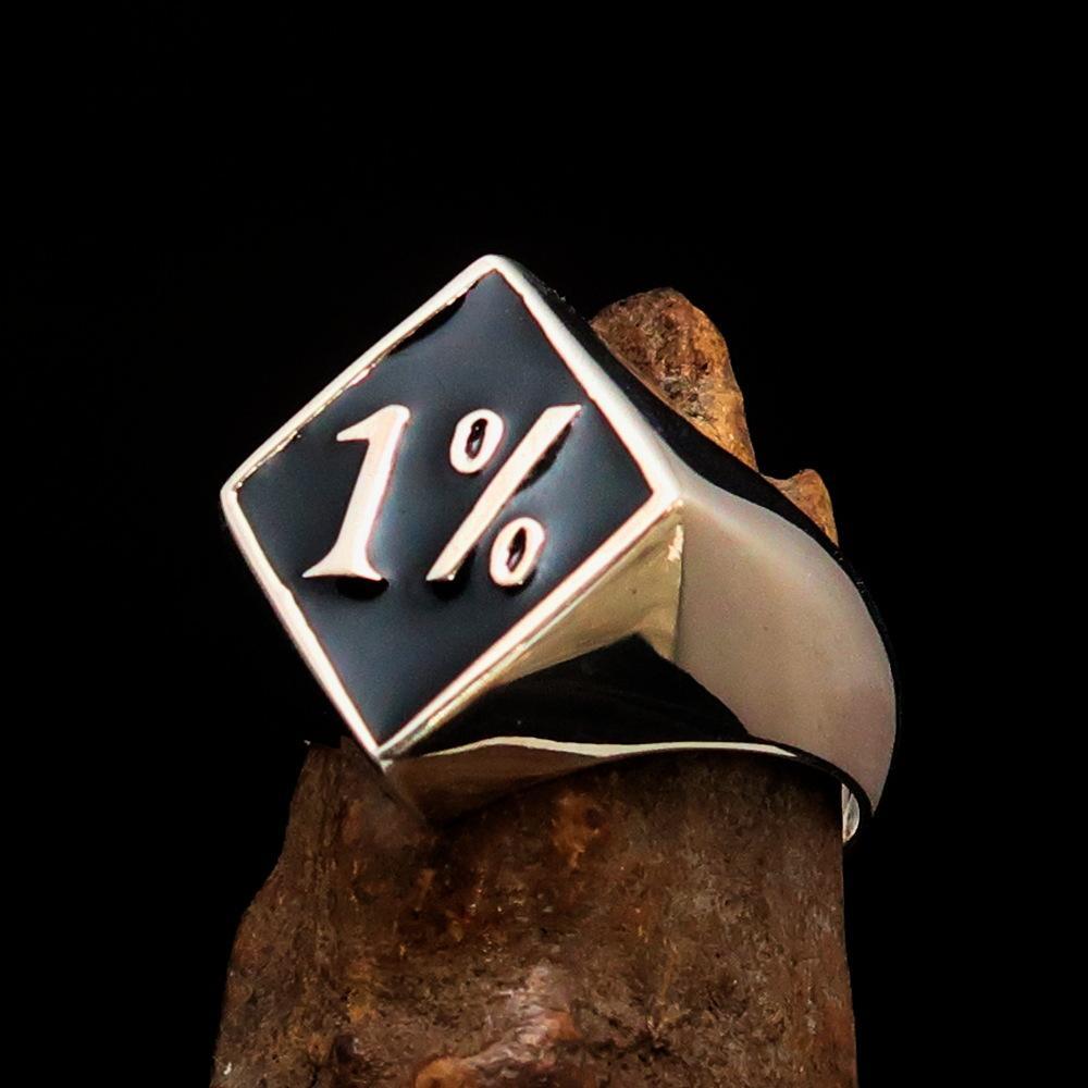 Men's Sterling Silver Biker Ring Diamond shaped 1% Percent Outlaw Symbol Black - BikeRing4u