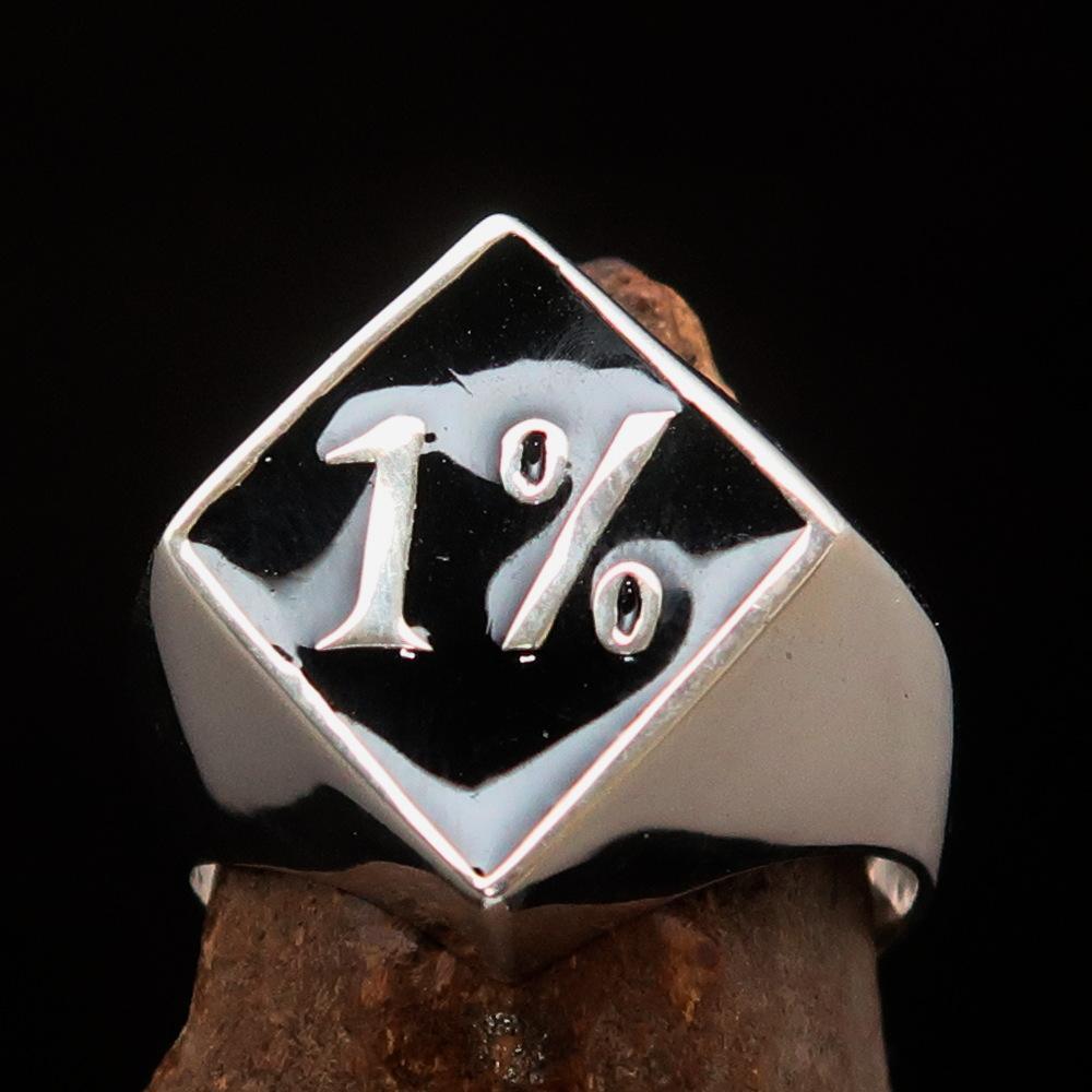 Men's Sterling Silver Biker Ring Diamond shaped 1% Percent Outlaw Symbol Black - BikeRing4u