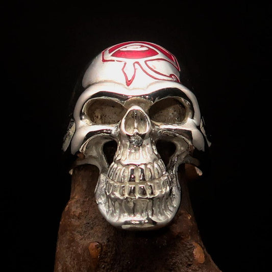 Excellent crafted Men's Skull Ring red Eye of Ra - Sterling Silver - BikeRing4u