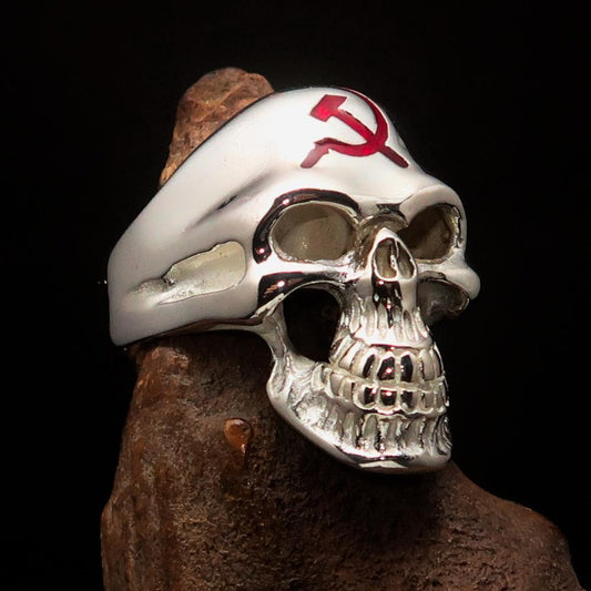 Excellent crafted Men's Communist Skull Ring red Hammer Sickle - Sterling Silver - BikeRing4u