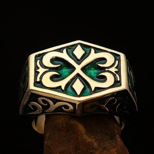Excellent crafted Men's Medieval Ring Green Oriental Crest Solid Brass - BikeRing4u
